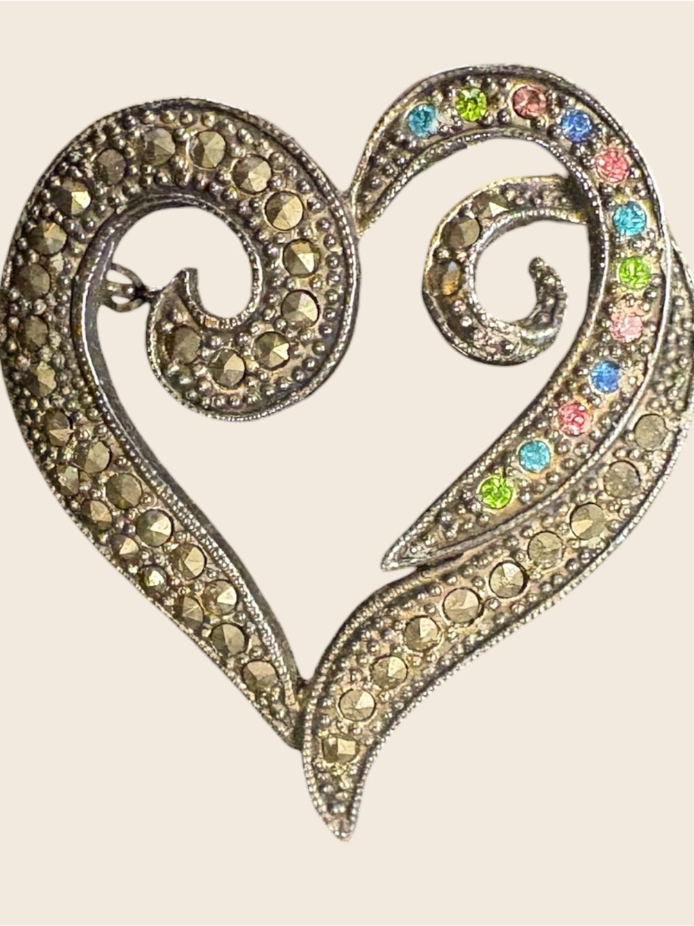 Vintage Marcasite Style Heart Brooch Multi Color Rhinestone Swirl